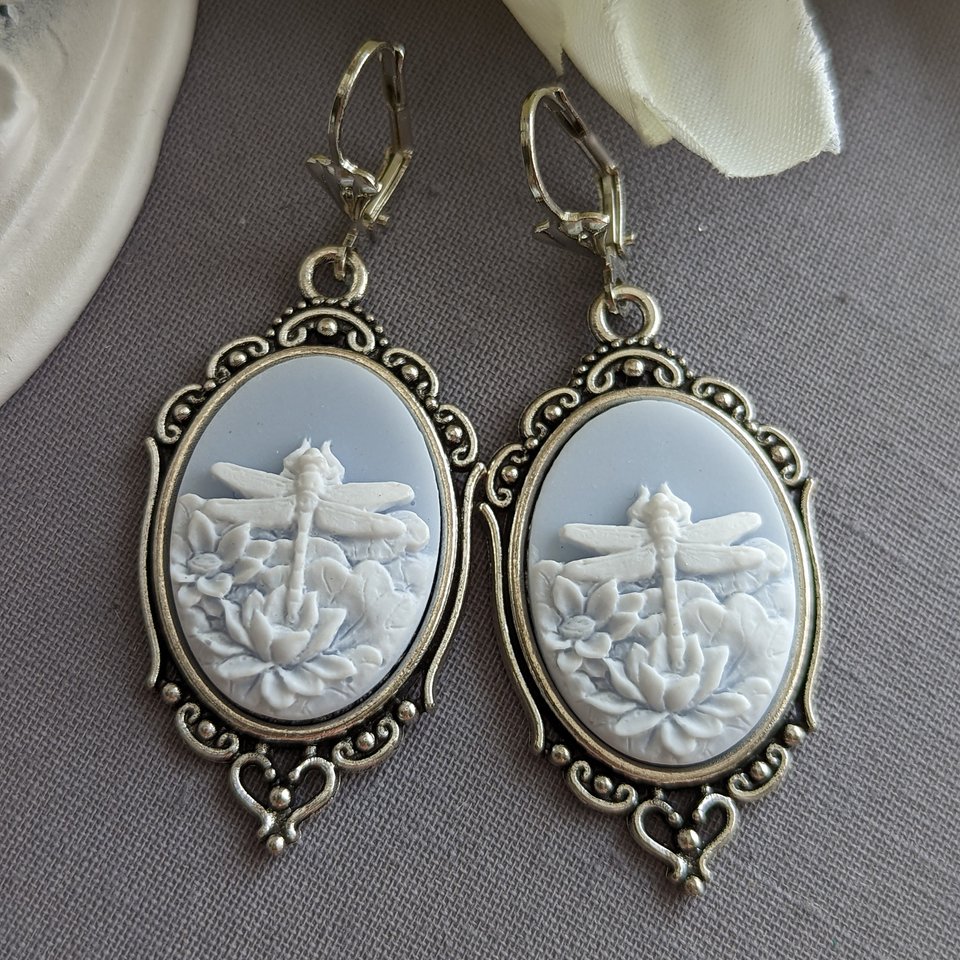 Blue Dragonfly Cameo Earrings, Art Nouveau Jewelry