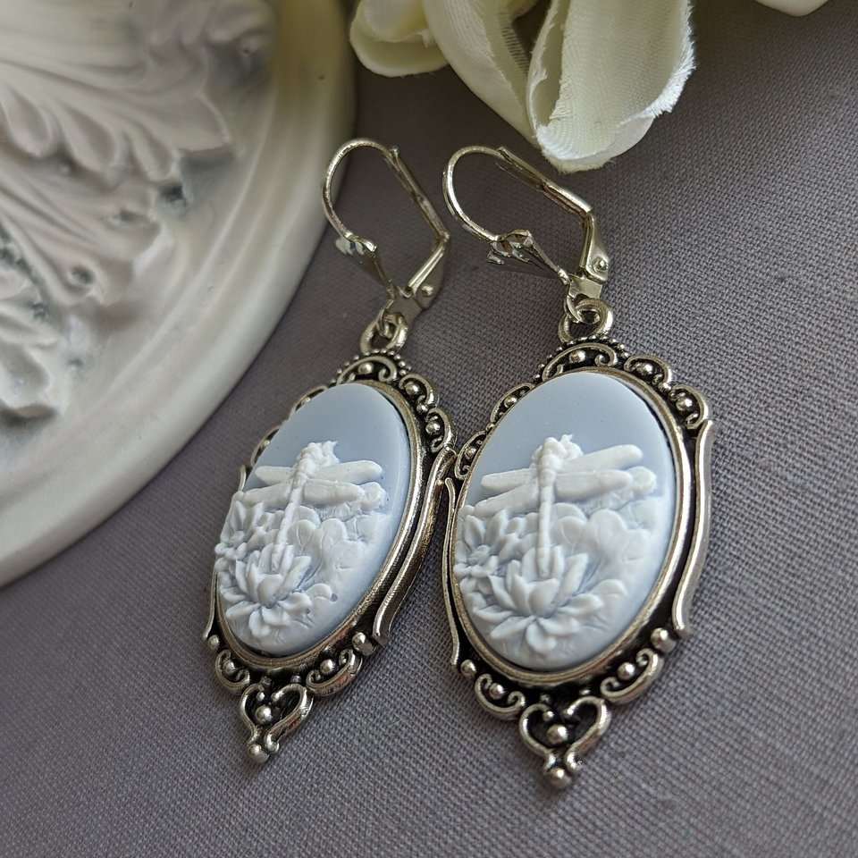 Blue Dragonfly Cameo Earrings, Art Nouveau Jewelry
