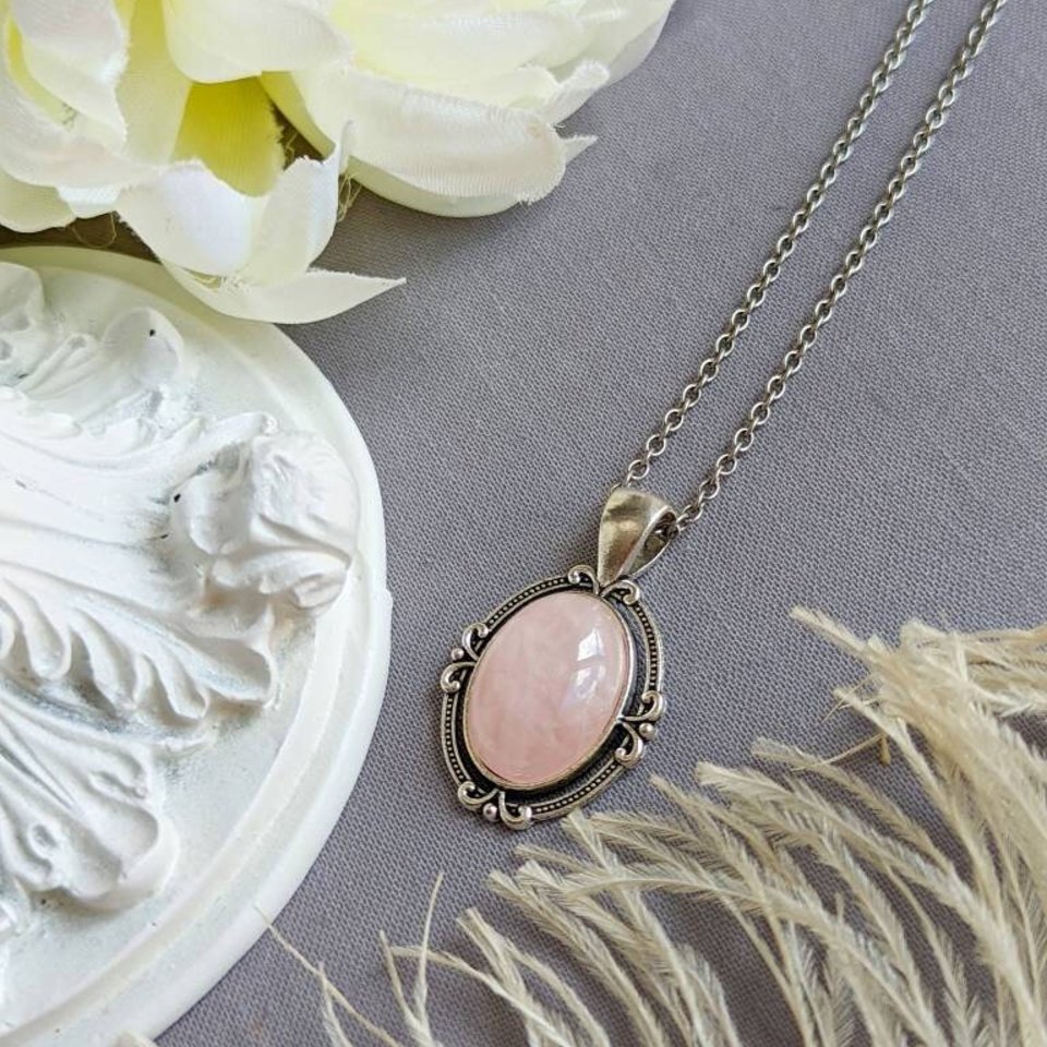 Rose Quartz Necklace, Pink Stone Pendant, Natural Crystal, Self Care Jewelry, Second Wedding Anniversary Gift for Her