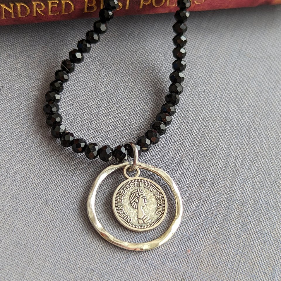 Silver Coin Circle Necklace with Black Beaded Chain, Hammered Circle Pendant, Ancient Coin Necklace, Gift for Her