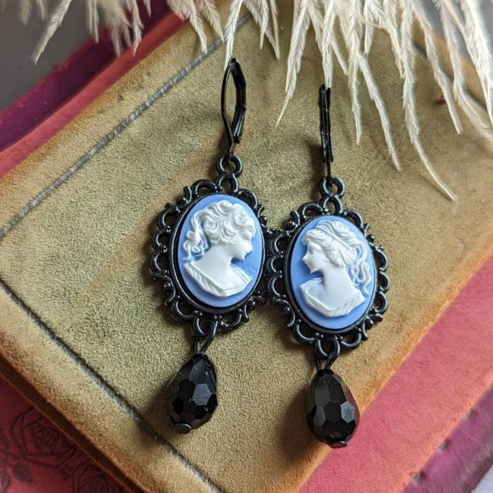 Portrait Cameo Earrings, Blue Lady Cameo Earrings, Gothic Victorian Jewelry, Antique Style Jewelry, Dark Academia,