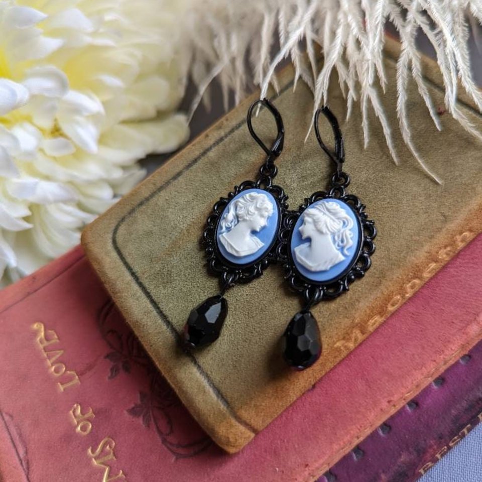 Portrait Cameo Earrings, Blue Lady Cameo Earrings, Gothic Victorian Jewelry, Antique Style Jewelry, Dark Academia,