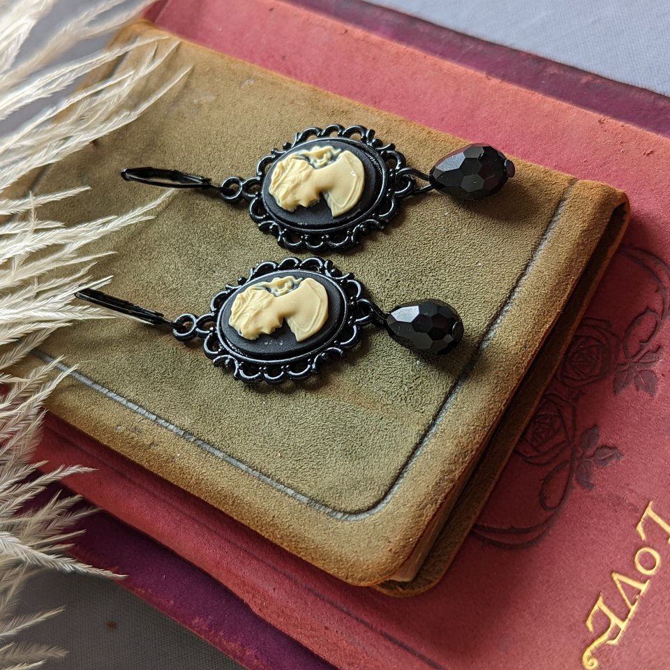 Black Cameo Dangle Earrings, Gothic Victorian Jewelry, Vintage Inspired, Dark Academia Literary Themed Accessories