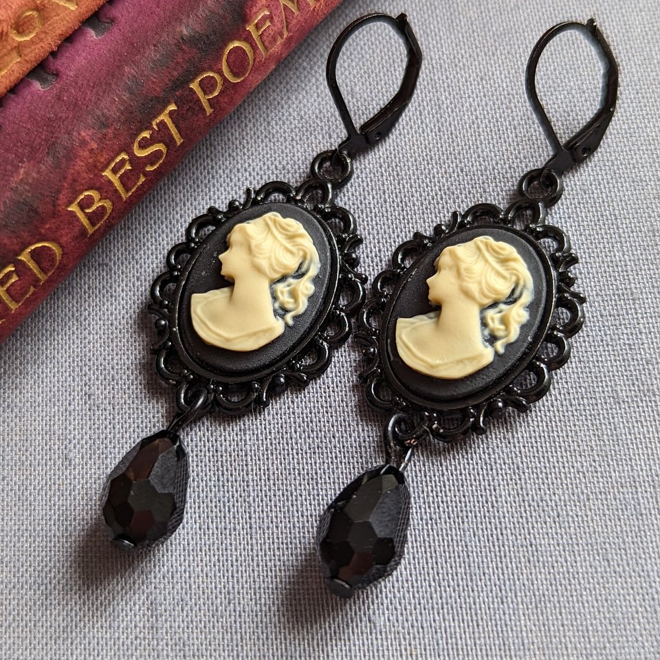 Black Cameo Dangle Earrings, Gothic Victorian Jewelry, Vintage Inspired, Dark Academia Literary Themed Accessories