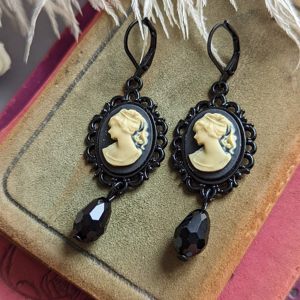 Black Cameo Dangle Earrings, Gothic Victorian Jewelry, Vintage Inspired, Dark Academia Literary Themed Accessories