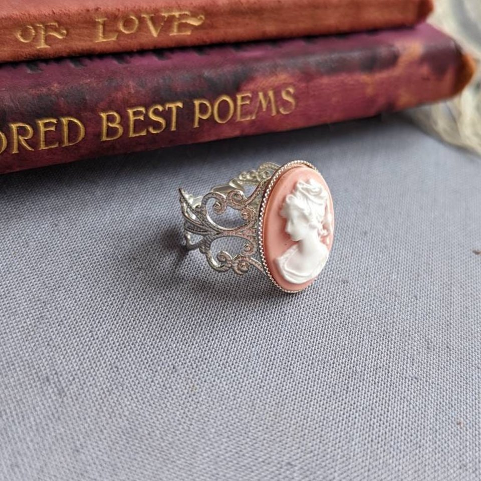 Pink Cameo Ring, Statement Ring, Adjustable Size, Silver Filigree, Victorian Jewelry, Vintage Style, Steampunk Light Academia