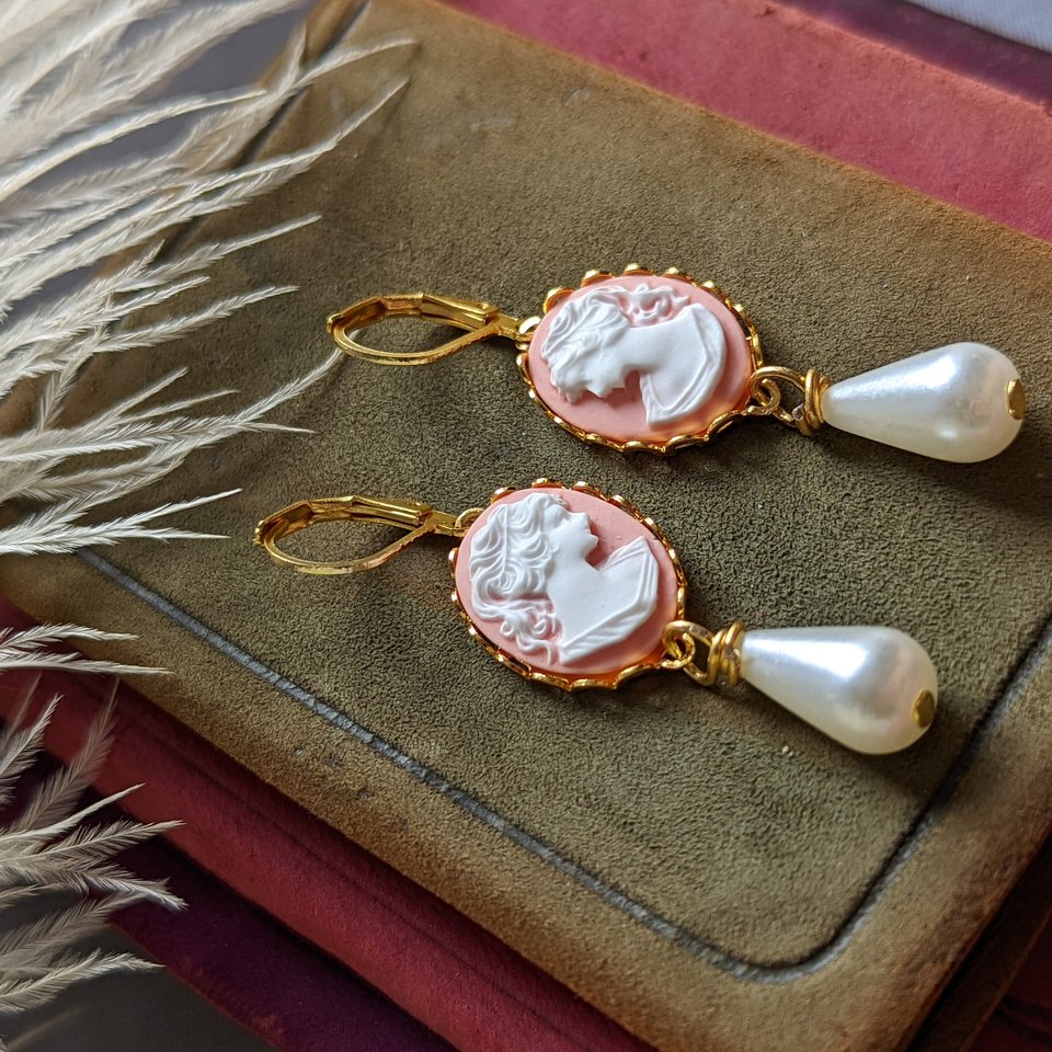 Cameo Pearl Earrings, Pink Lady Cameo Earrings, Victorian Portrait, Romantic Jewelry, Vintage Style Jewelry Gift for Her