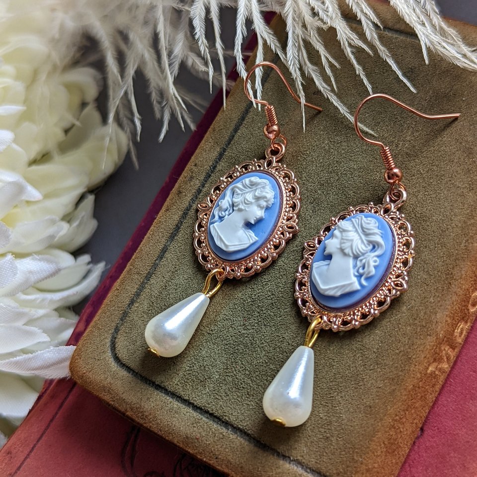 Blue Cameo Pearl Earrings, 14k Rose Gold Plated Earrings, Victorian Jewelry, Romantic Vintage Style, Light Academia, Pearlcore