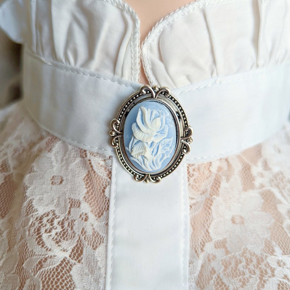 Cabbage Rose Cameo Brooch, Blue Victorian Jewelry Pin, Floral Cottage Core Accessories