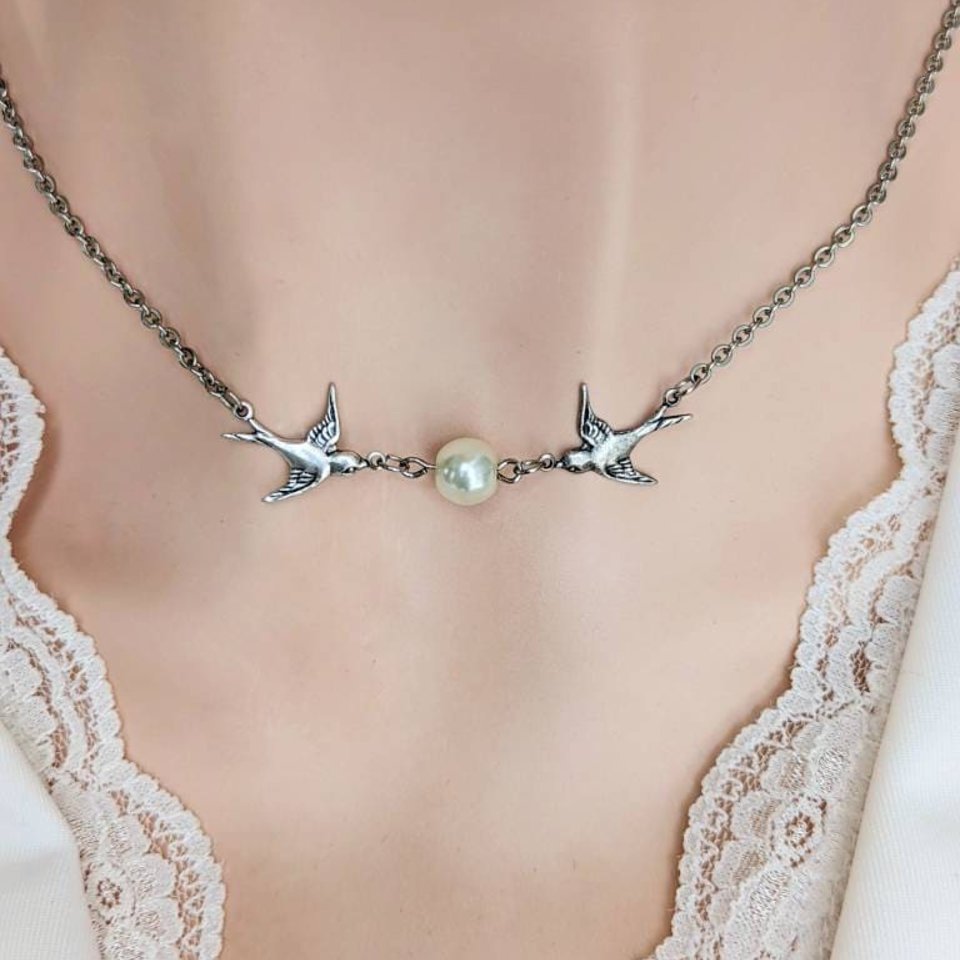 Silver Bird Necklace with Pearl, Flying Swallow Choker, Bride Jewelry for Wedding Day, June Birthday Gift 