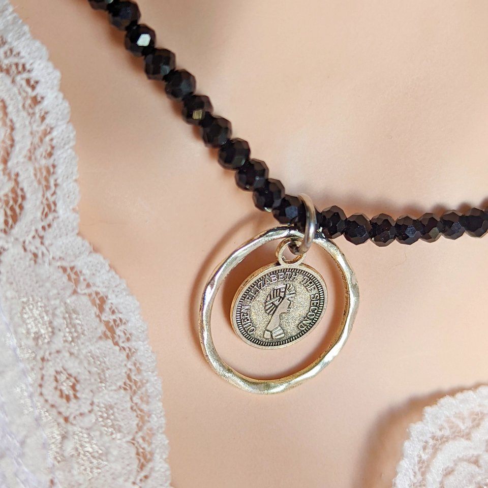 Silver Coin Circle Necklace with Black Beaded Chain, Hammered Circle Pendant, Ancient Coin Necklace, Gift for Her