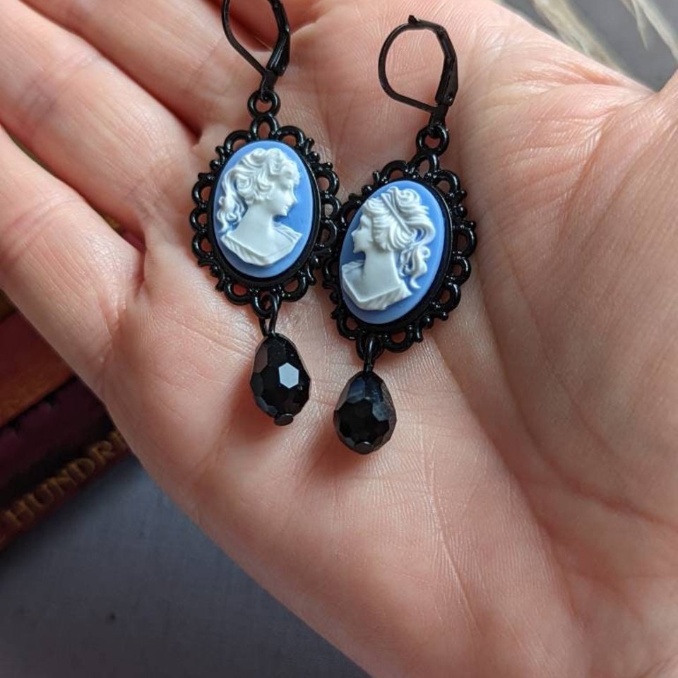 Portrait Cameo Earrings, Blue Lady Cameo Earrings, Gothic Victorian Jewelry, Antique Style Jewelry, Dark Academia,