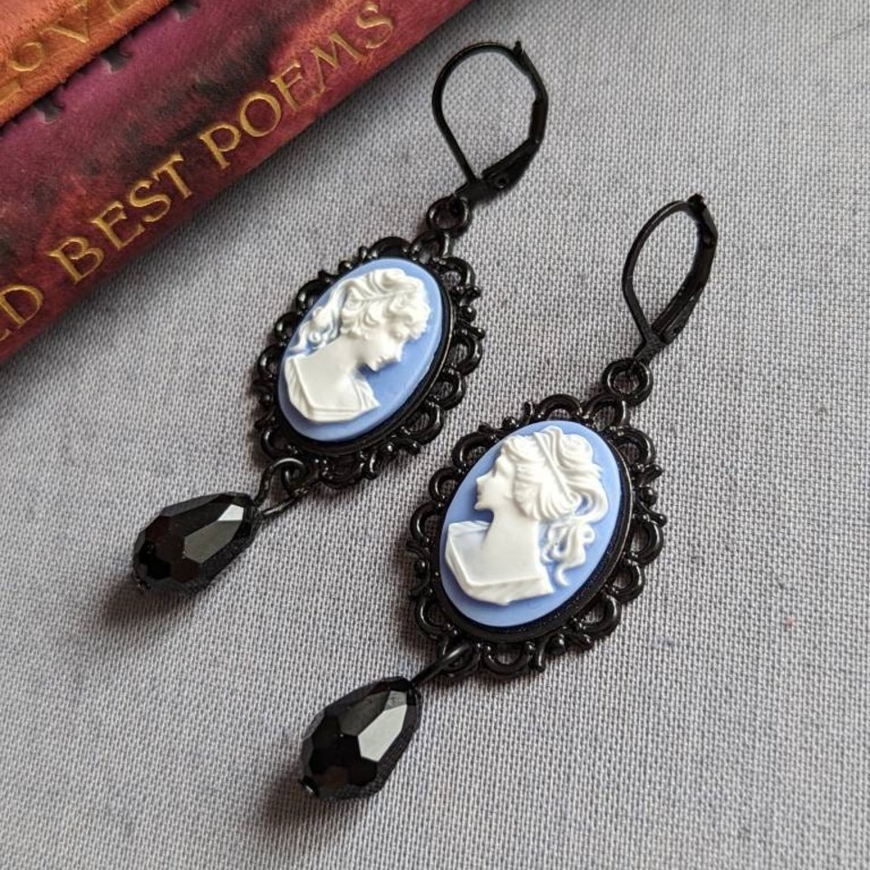 Portrait Cameo Earrings, Blue Lady Cameo Earrings, Gothic Victorian Jewelry, Antique Style Jewelry, Dark Academia,