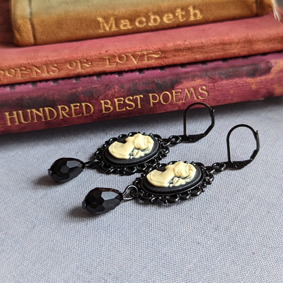 Black Cameo Dangle Earrings, Gothic Victorian Jewelry, Vintage Inspired, Dark Academia Literary Themed Accessories