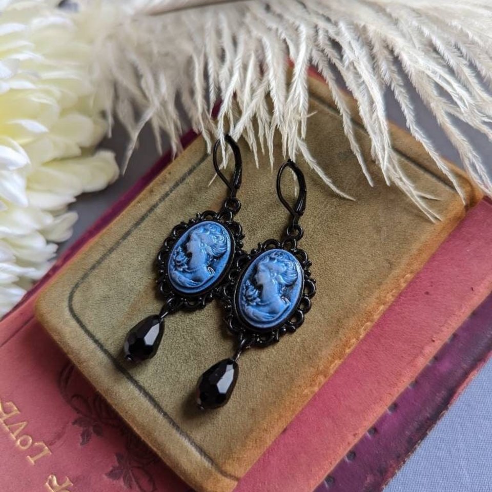 Blue Portrait Cameo Earrings, Victorian Jewelry, Vintage Style