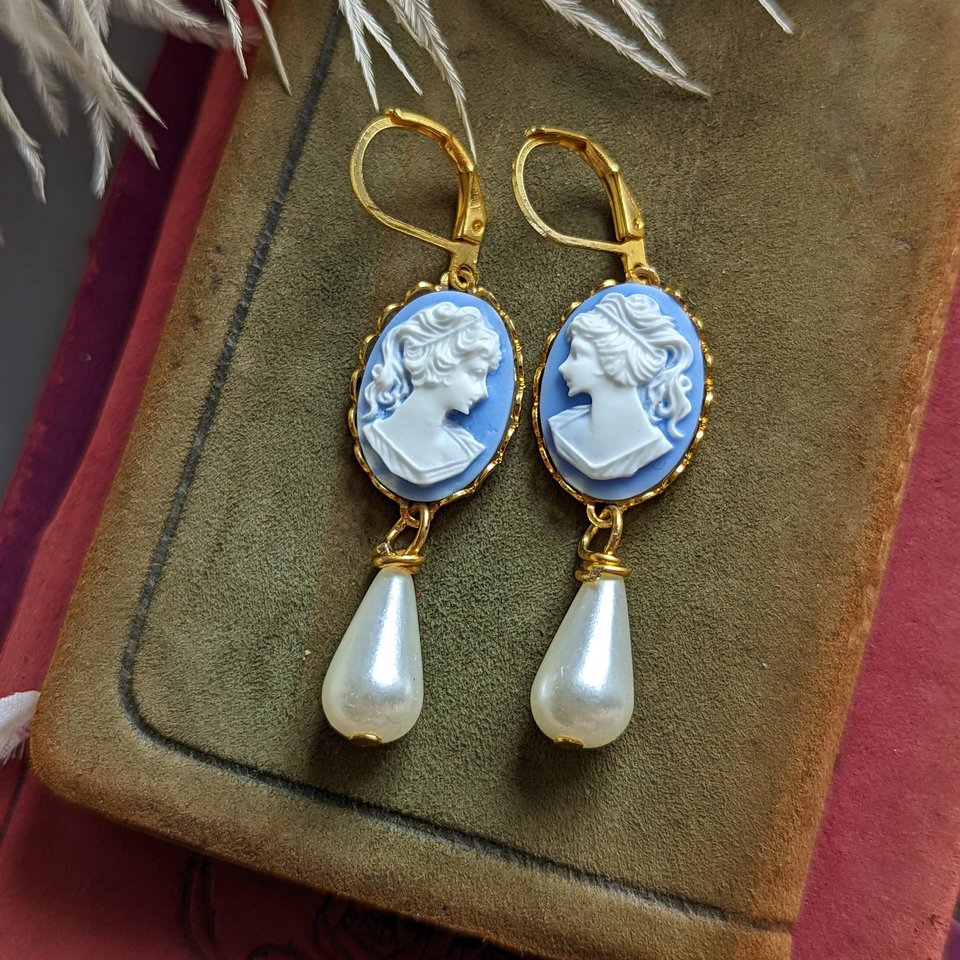 Cameo Pearl Earrings, Blue and White Cameo Earrings, Victorian Jewelry, Romantic Vintage Style, Regency Jewelry, Pearlcore