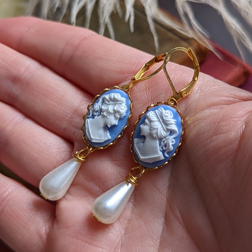 Cameo Pearl Earrings, Blue and White Cameo Earrings, Victorian Jewelry, Romantic Vintage Style, Regency Jewelry, Pearlcore