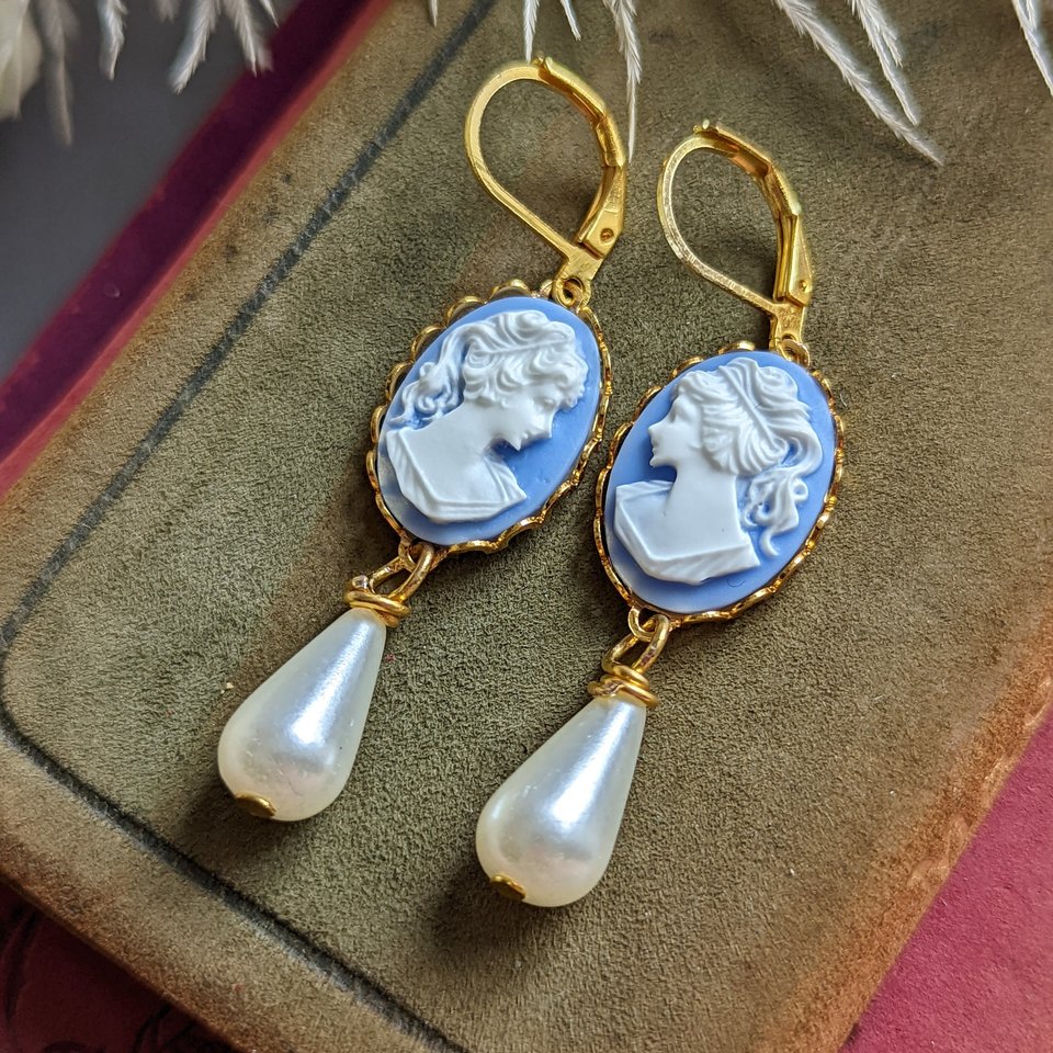 Cameo Pearl Earrings, Blue and White Cameo Earrings, Victorian Jewelry, Romantic Vintage Style, Regency Jewelry, Pearlcore