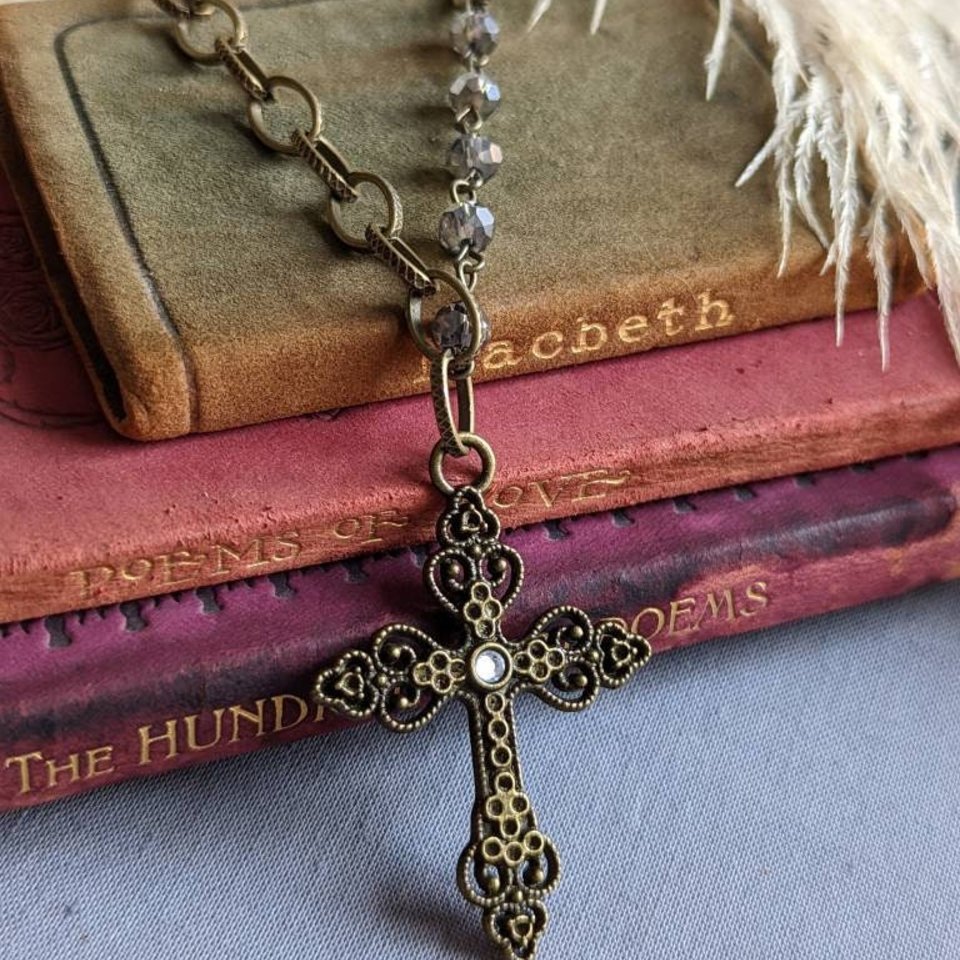 Gothic Rosary Necklace, Asymmetrical Beaded Crucifix, Ornate Statement Jewelry, Antiqued Brass Jewelry, Gift for Girlfriend