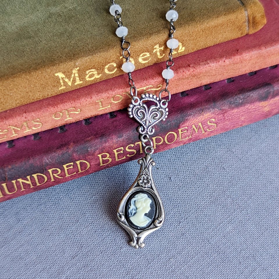 Teardrop Cameo Pendant with Quartz Rosary Chain, Vintage Inspired Necklace Gift 