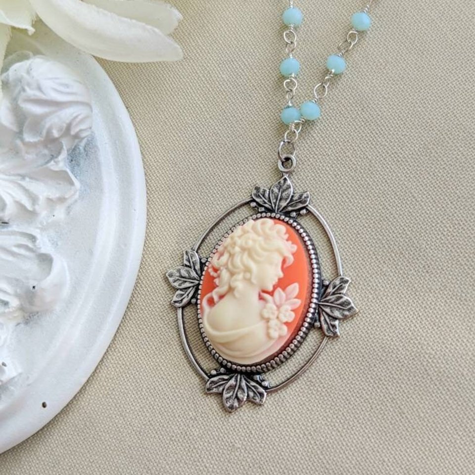 Retro Cameo Necklace with Aqua Chalcedony Rosary Chain, Vintage Style Pendant, Shabby Chic Romantic Jewelry Gift 