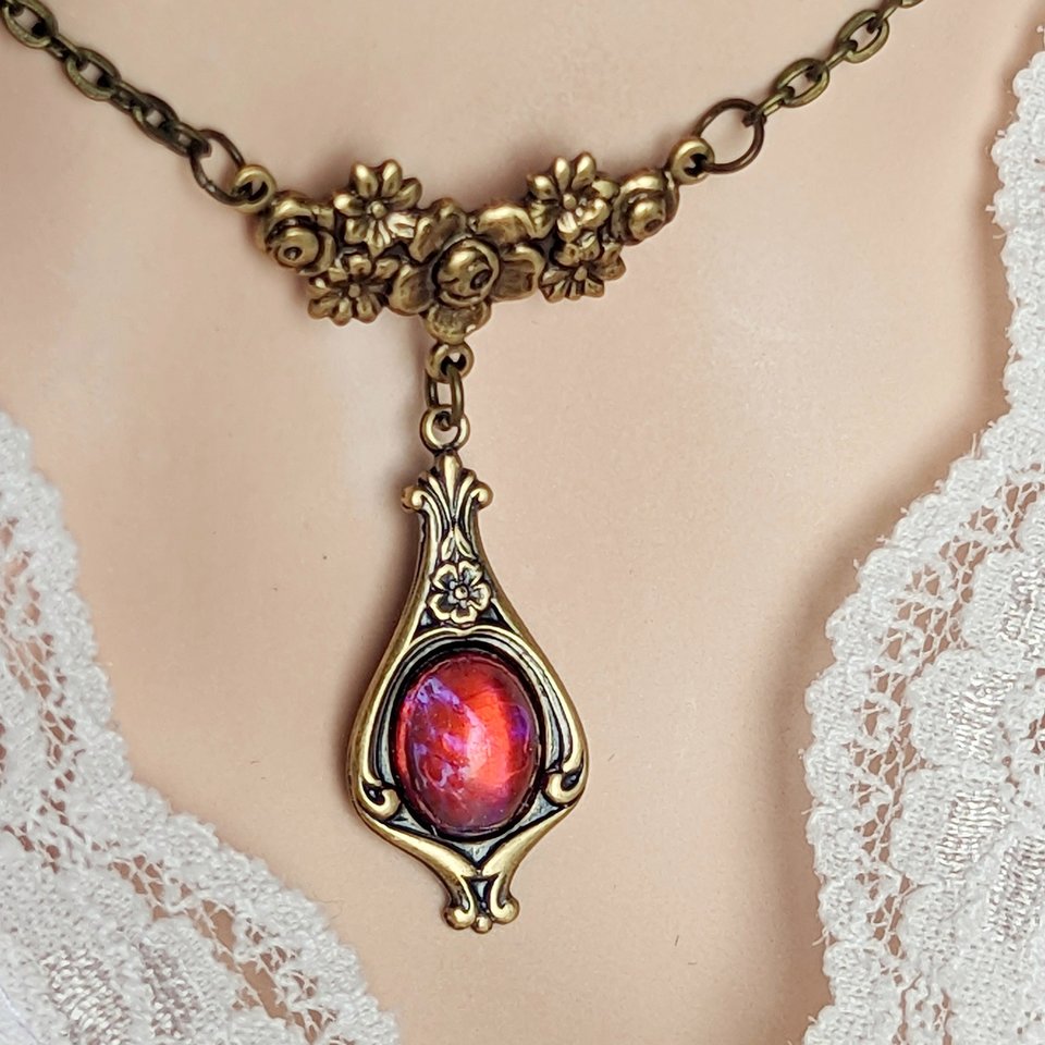 Dragons Breath Opal Necklace, Art Nouveau Pendant, Vintage Style Jewelry Gift for Her October Birthday