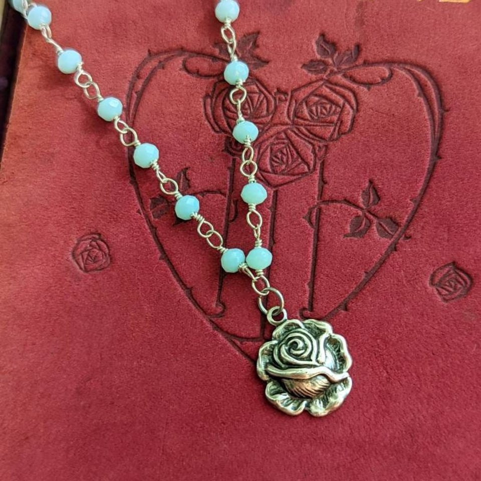 Dainty Silver Rose Necklace with Aqua Chalcedony Rosary Chain, Rustic Vintage Style Pendant, Shabby Chic, Light Academia