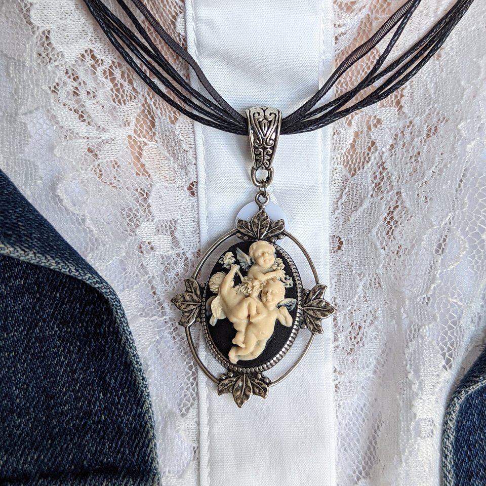 Gothic Angel Necklace, Cherub Cameo Pendant, Black Ribbon Choker, Victorian Goth Jewelry