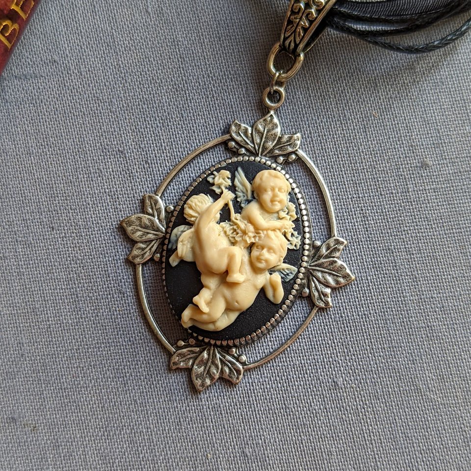 Gothic Angel Necklace, Cherub Cameo Pendant, Black Ribbon Choker, Victorian Goth Jewelry