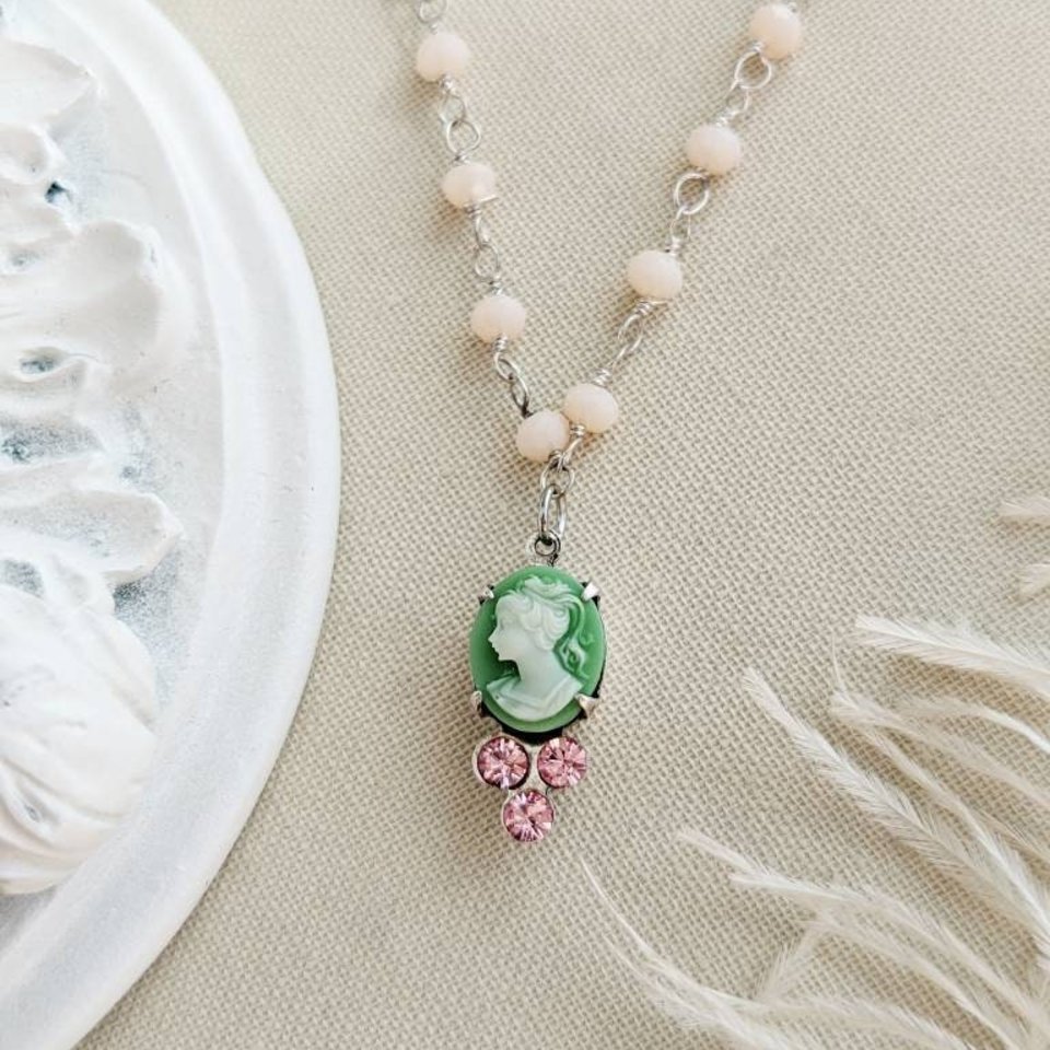 Tiny Green Cameo Necklace with Pink Austrian Crystals on a Pale Pink Opal Rosary Chain, Rustic Vintage Style Pendant, Shabby Chic