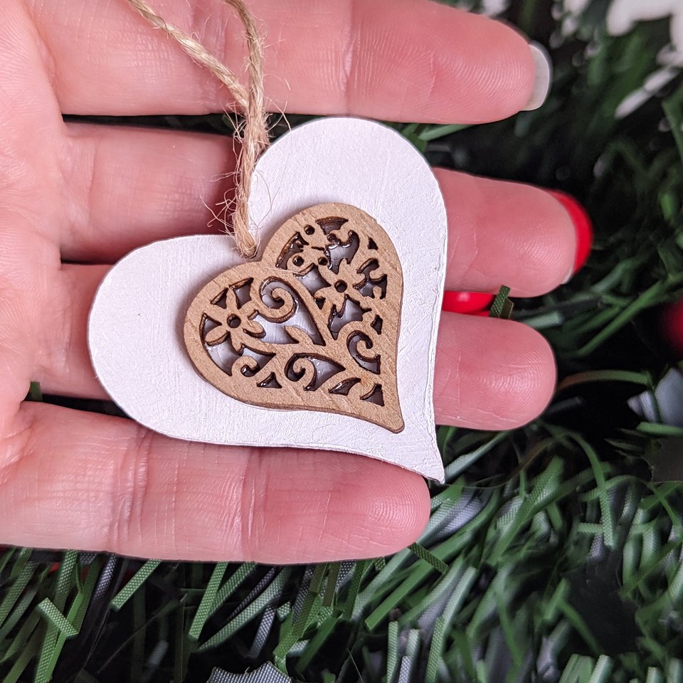 Wood Heart Christmas Ornament, Rustic Farmhouse Style, Romantic Valentines Day Decor