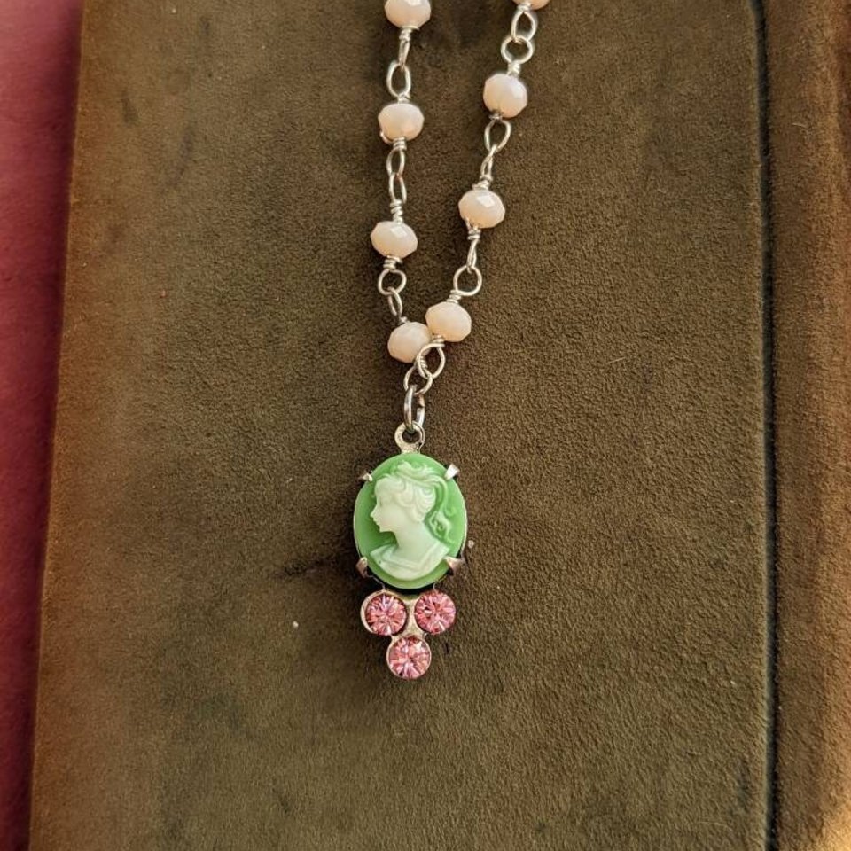Tiny Green Cameo Necklace with Pink Austrian Crystals on a Pale Pink Opal Rosary Chain, Rustic Vintage Style Pendant, Shabby Chic