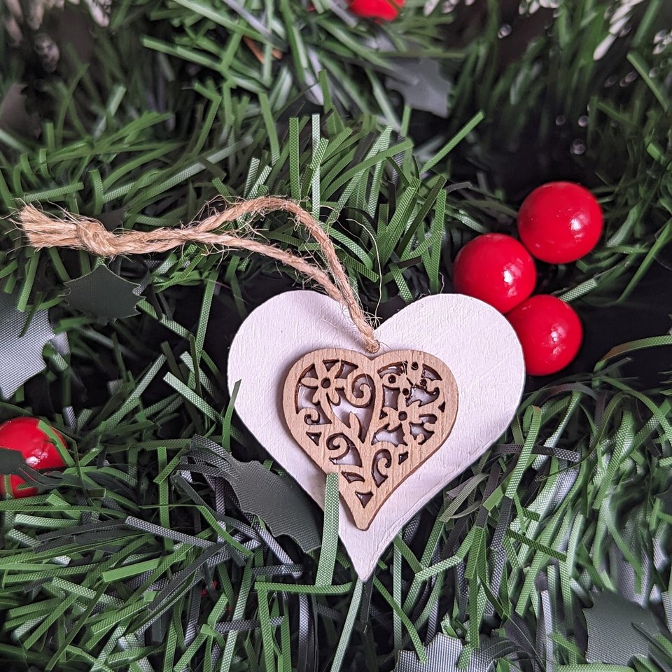 Wood Heart Christmas Ornament, Rustic Farmhouse Style, Romantic Valentines Day Decor