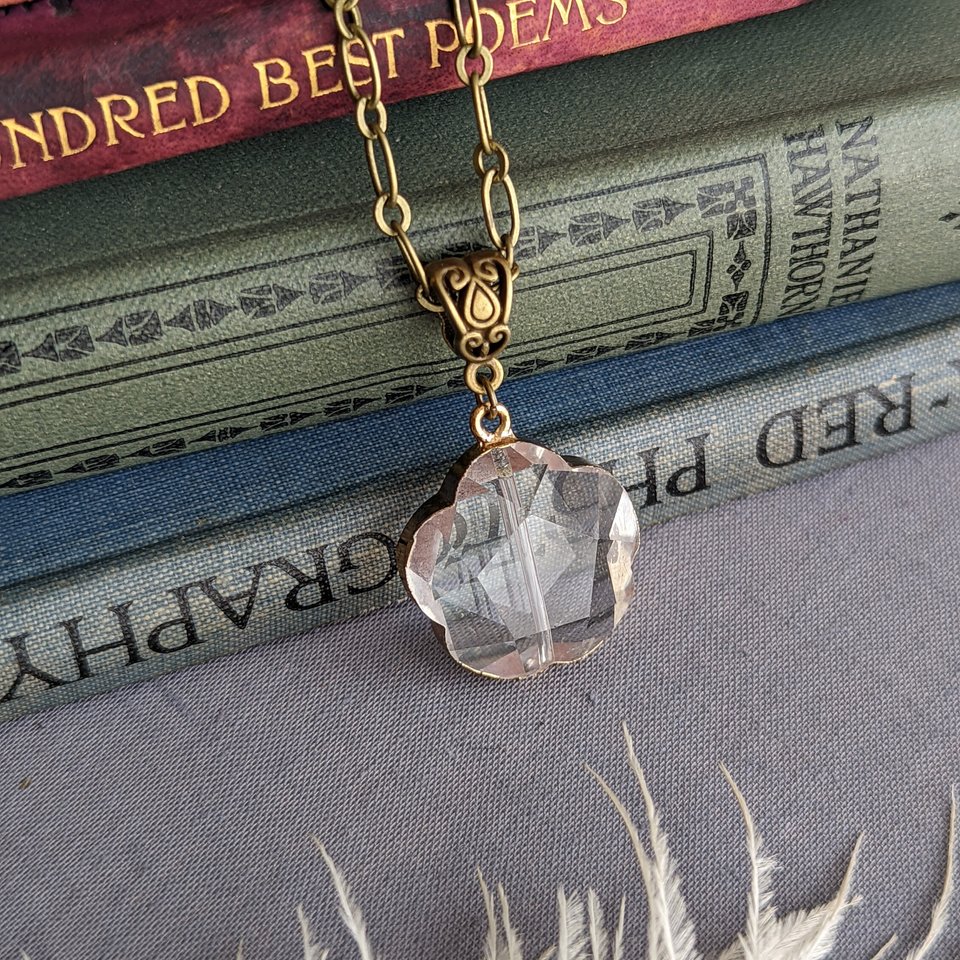 Long Crystal Pendant Necklace with Paperclip Chain