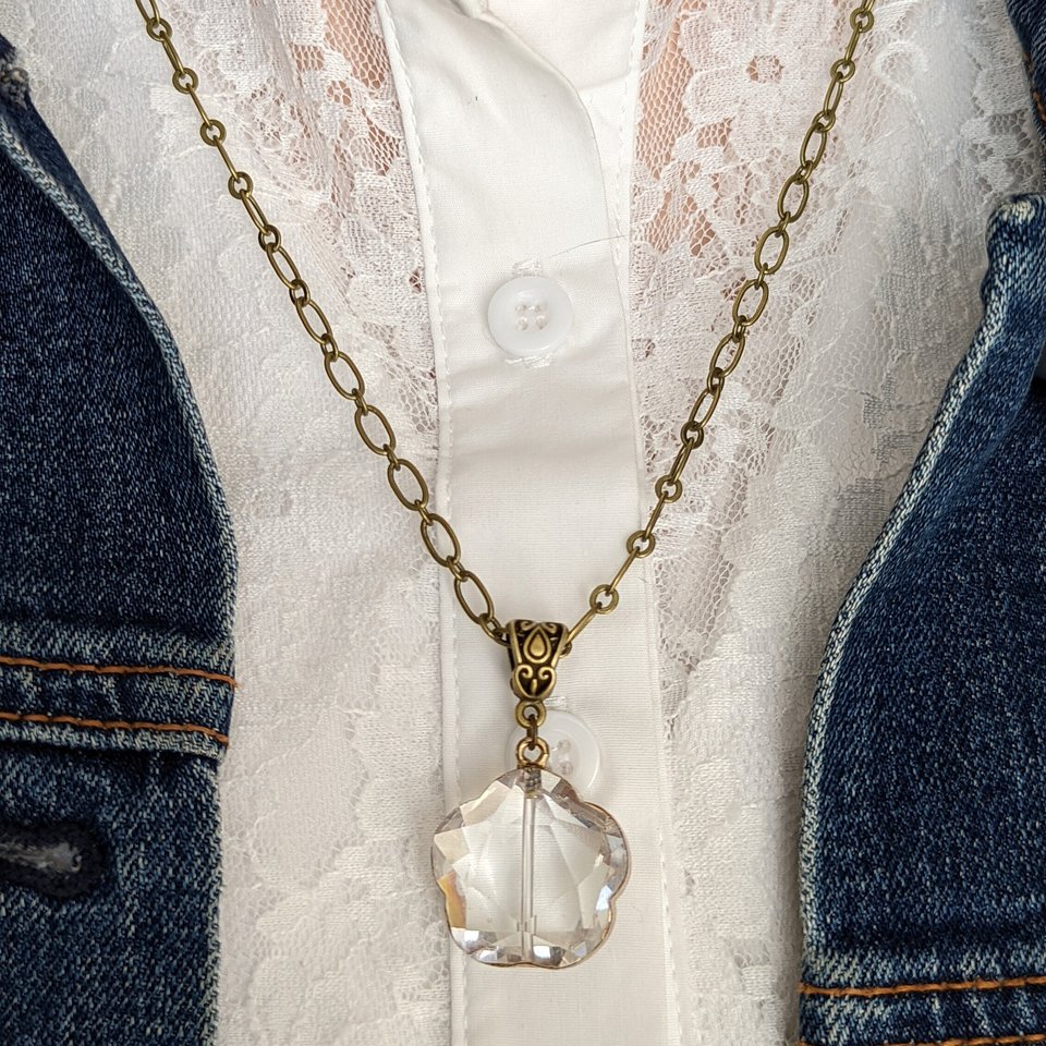 Long Crystal Pendant Necklace with Paperclip Chain