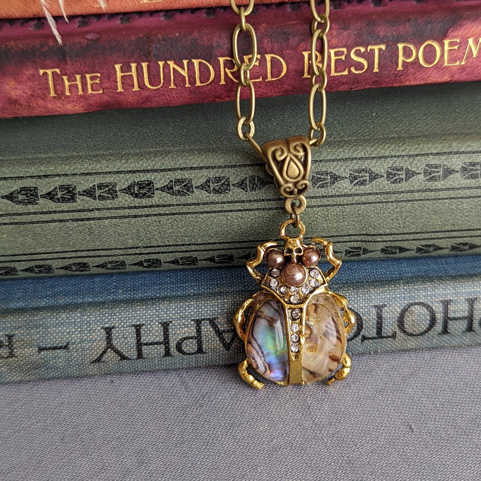 Scarab Beetle Necklace, Whimsigothic Jewelry, Eqyptian Pendant with Paperclip Chain