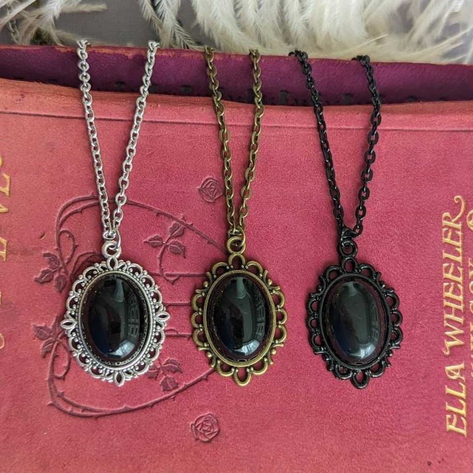 Oval Obsidian Pendant, Black Stone Necklace, Gothic Bridal Jewelry