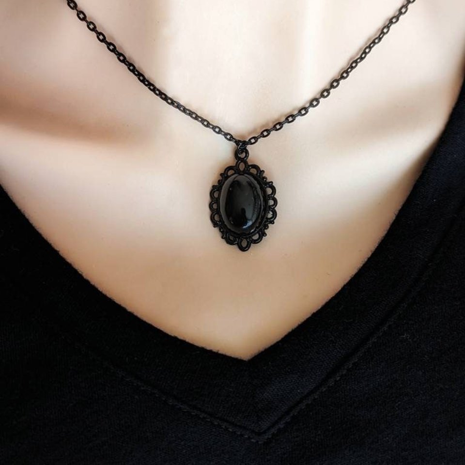 Black Obsidian Necklace, Natural Stone Pendant, Gothic Bridal Jewelry, Goth Wedding