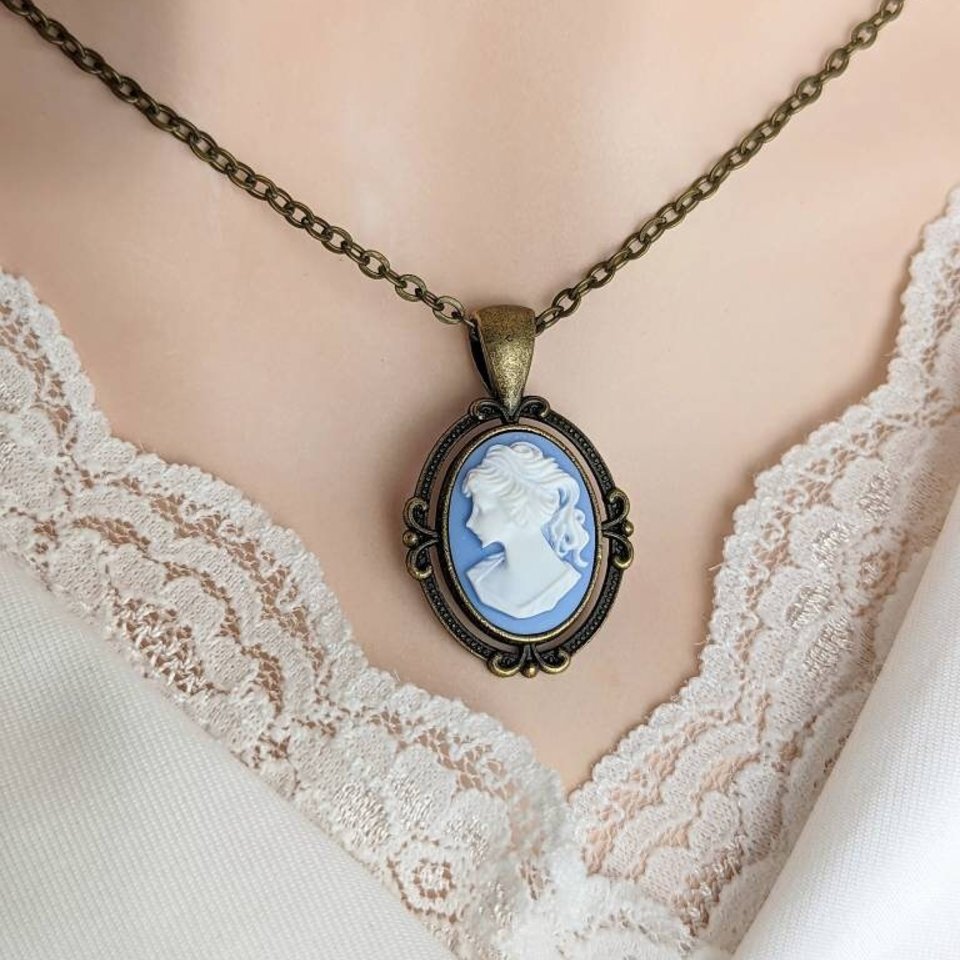 Blue Cameo Necklace, Vintage Style Cameo Jewelry