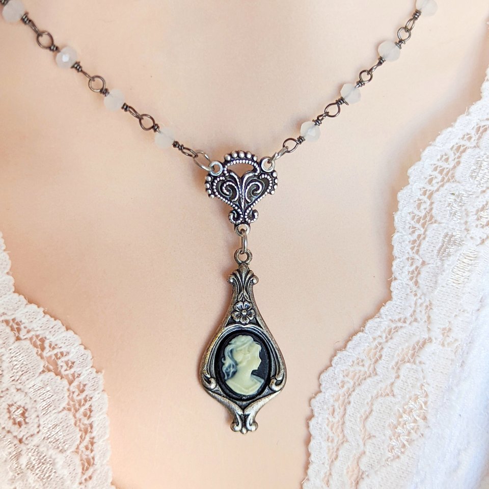 Teardrop Cameo Pendant with Quartz Rosary Chain, Vintage Inspired Necklace Gift 