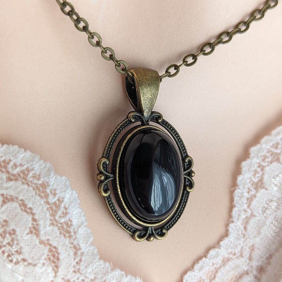 Oval Obsidian Necklace, Black Stone Pendant, Gothic Jewelry Gift