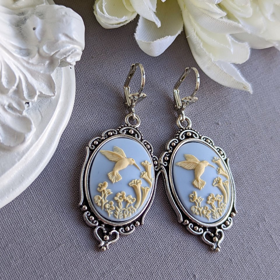 Cameo Earrings, Blue Hummingbird Earrings, Romantic Jewelry, Vintage Style, Nature Jewelry for Women