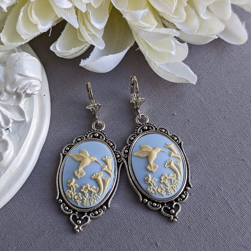 Cameo Earrings, Blue Hummingbird Earrings, Romantic Jewelry, Vintage Style, Nature Jewelry for Women