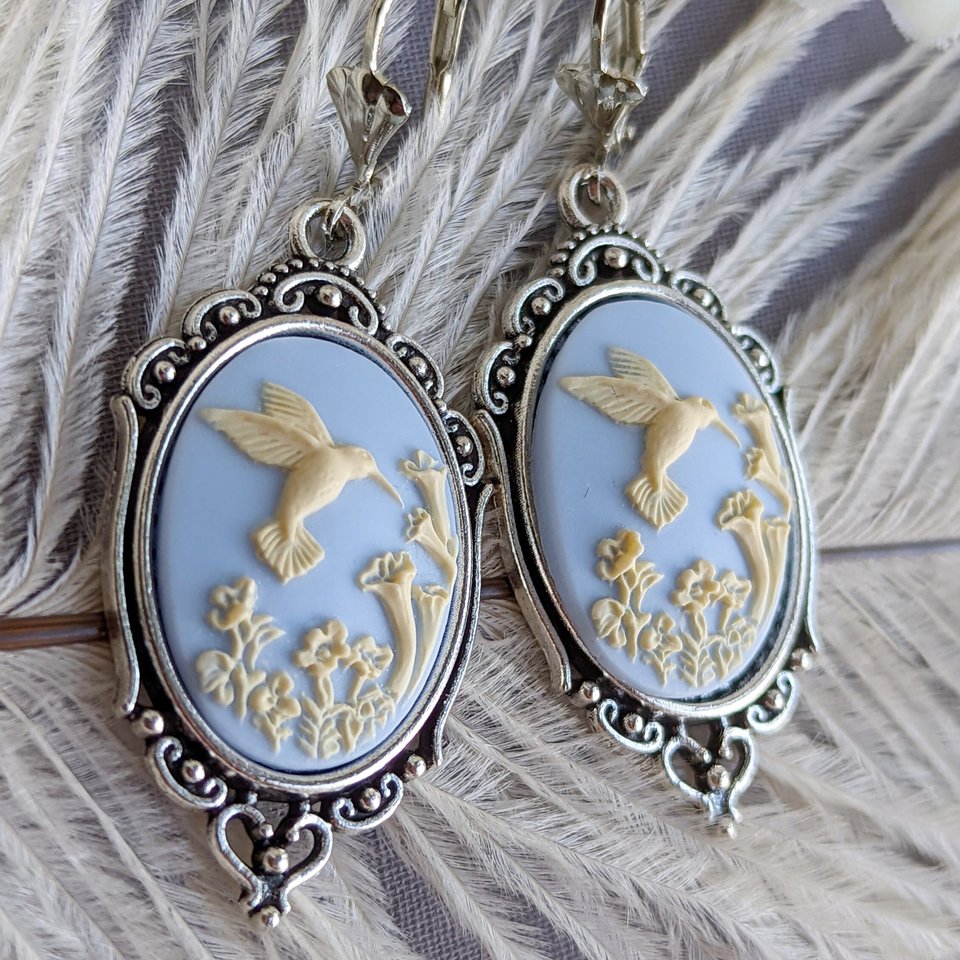 Cameo Earrings, Blue Hummingbird Earrings, Romantic Jewelry, Vintage Style, Nature Jewelry for Women