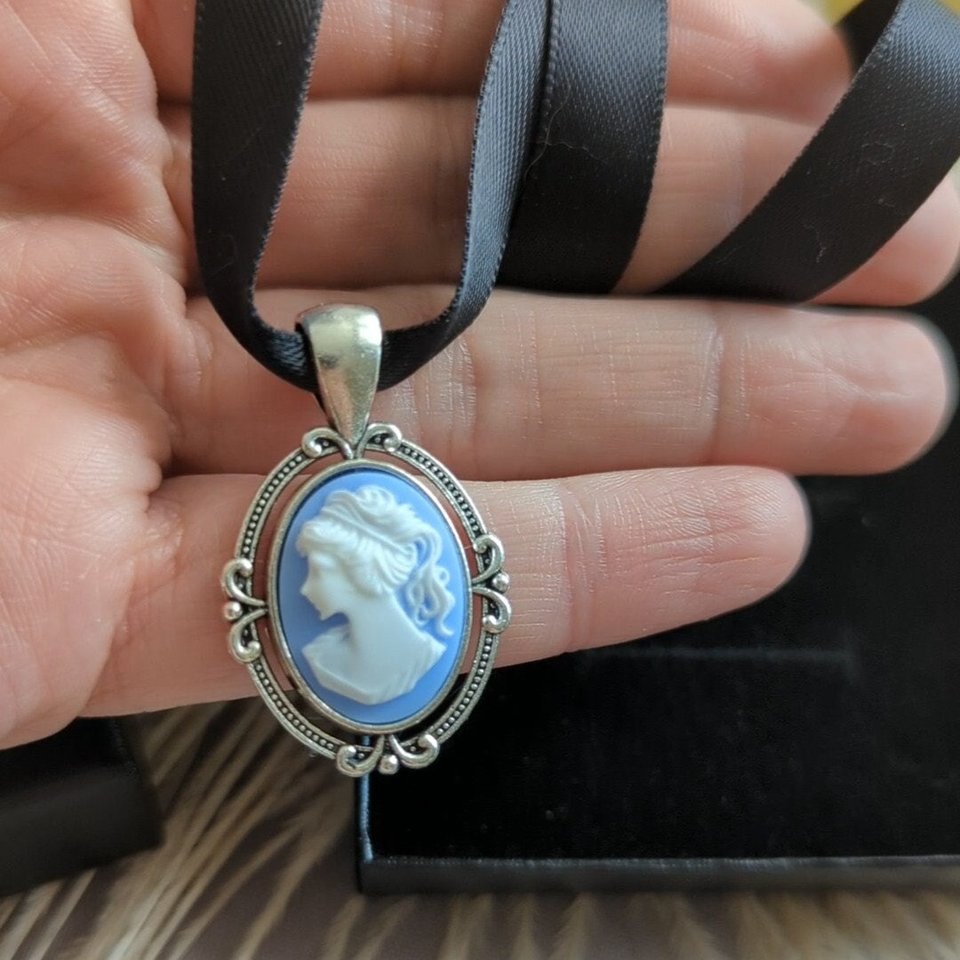 Blue Cameo Pendant, Black Ribbon Choker Necklace, Victorian Bridal Jewelry, Something Blue for Bride