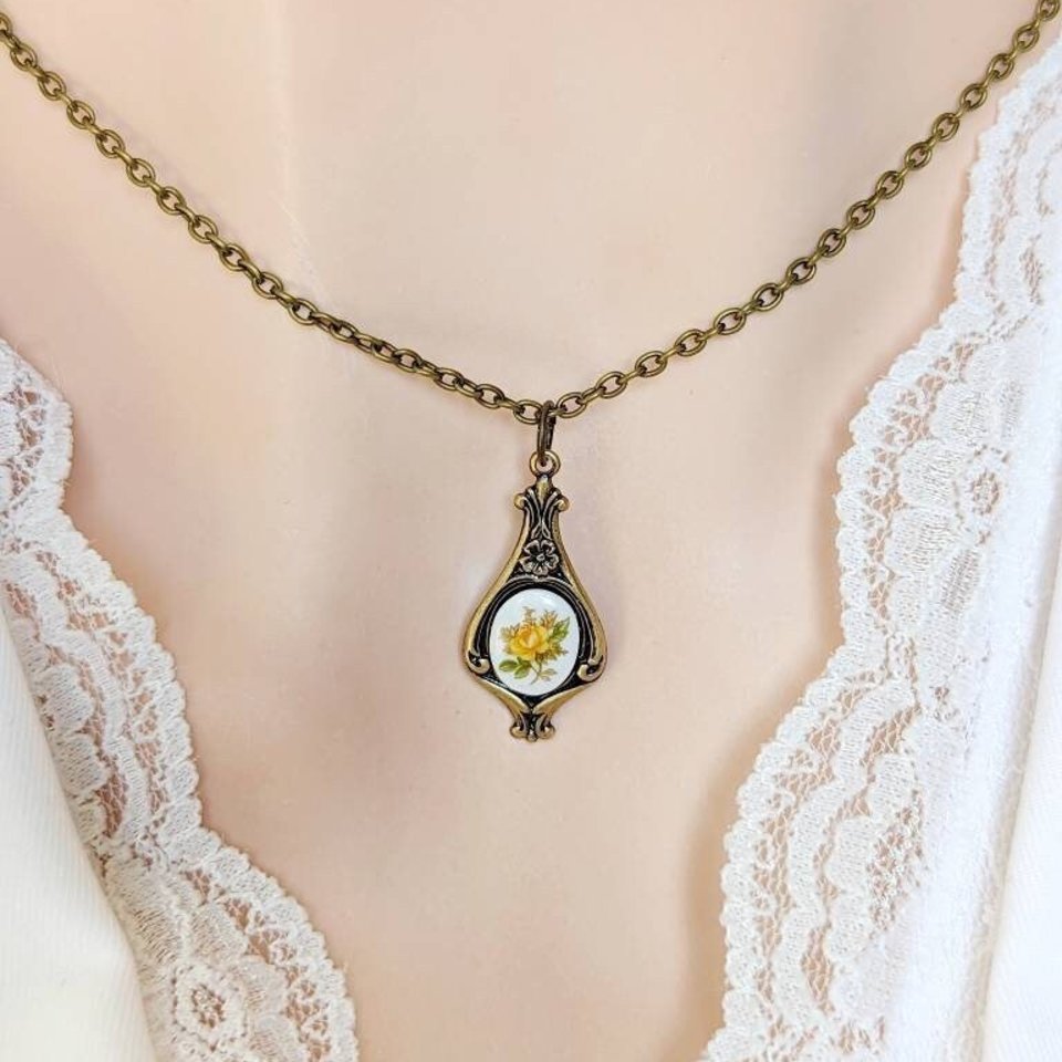 Yellow Rose Necklace, Floral Limoges Pendant, Regency Era Jewelry Gift for Her, Historical Fiction Reader Gift