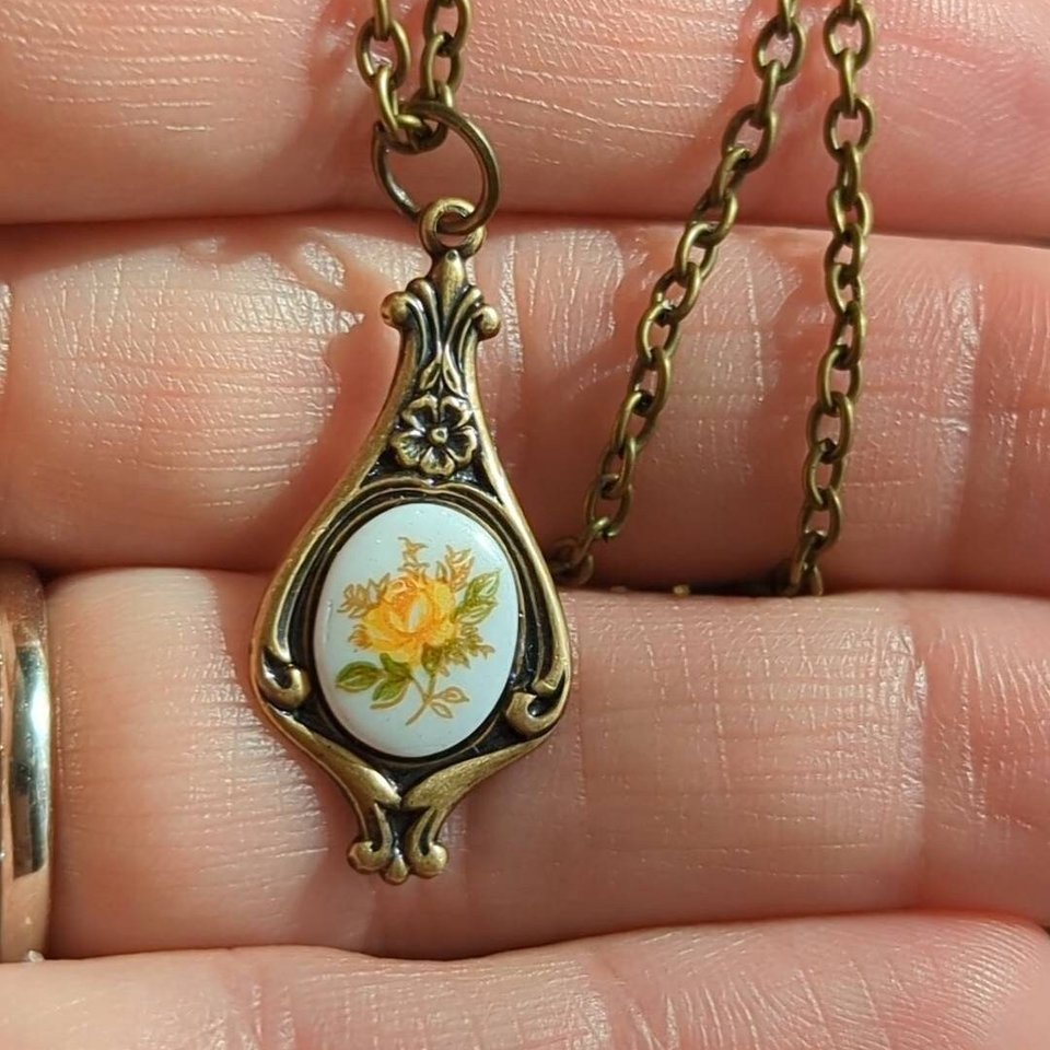 Yellow Rose Necklace, Floral Limoges Pendant, Regency Era Jewelry Gift for Her, Historical Fiction Reader Gift