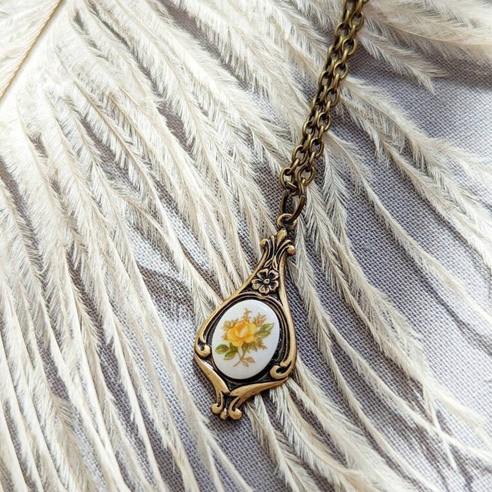 Yellow Rose Necklace, Floral Limoges Pendant, Regency Era Jewelry Gift for Her, Historical Fiction Reader Gift