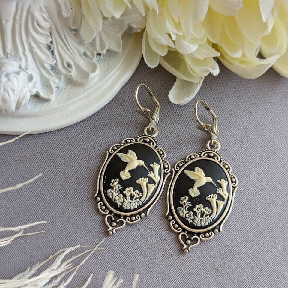 Cameo Earrings, Blue Hummingbird Earrings, Romantic Jewelry, Vintage Style, Nature Jewelry for Women