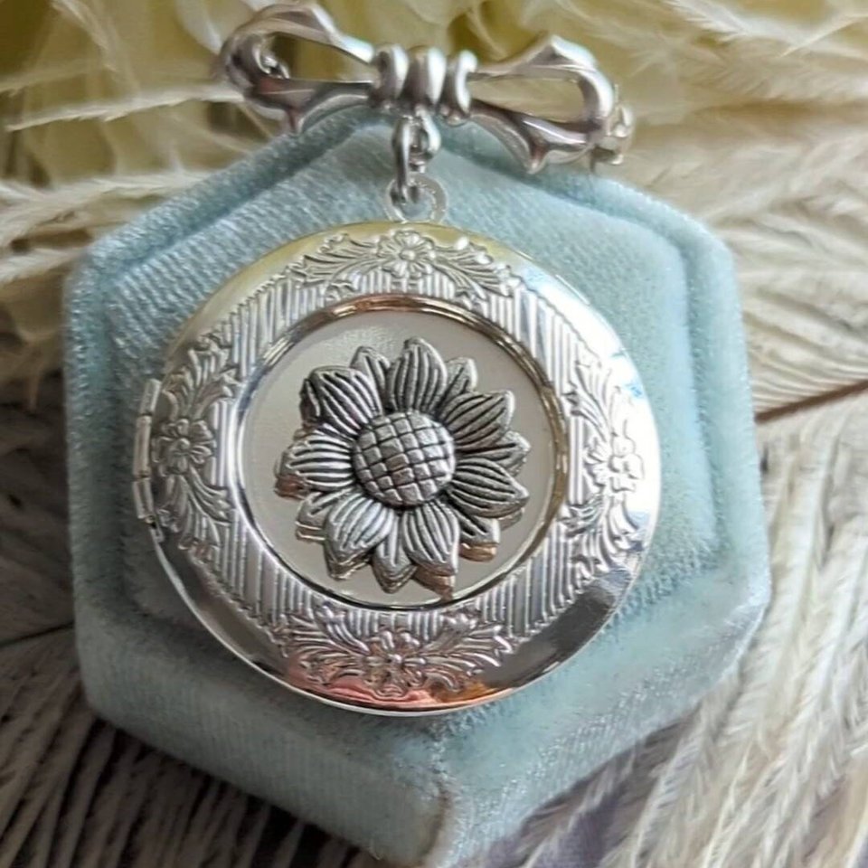 Sunflower Locket Brooch, Bridal Bouquet Charm, Memory Pin, Gift for Bride